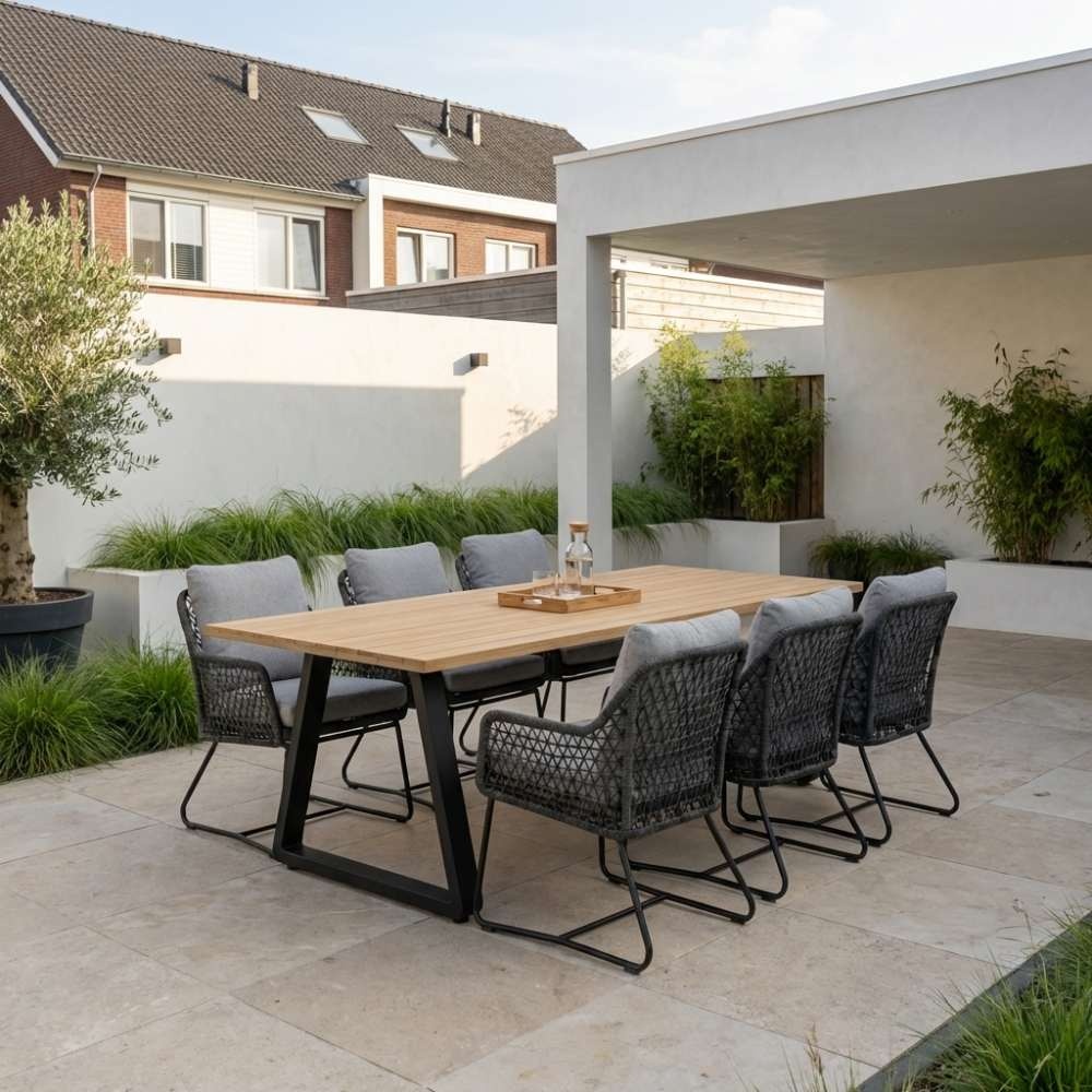 Elena/Gianna Stone Grey low dining tuinset | 6 personen | teakhout + touw | 240cm