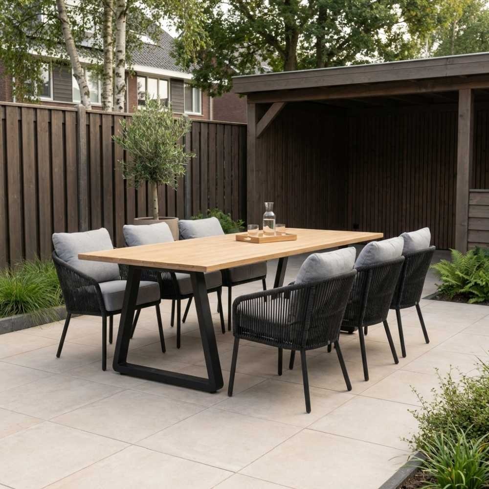 Elena/Mara Sahara Dust low dining tuinset | 6 personen | teakhout + touw | 240cm