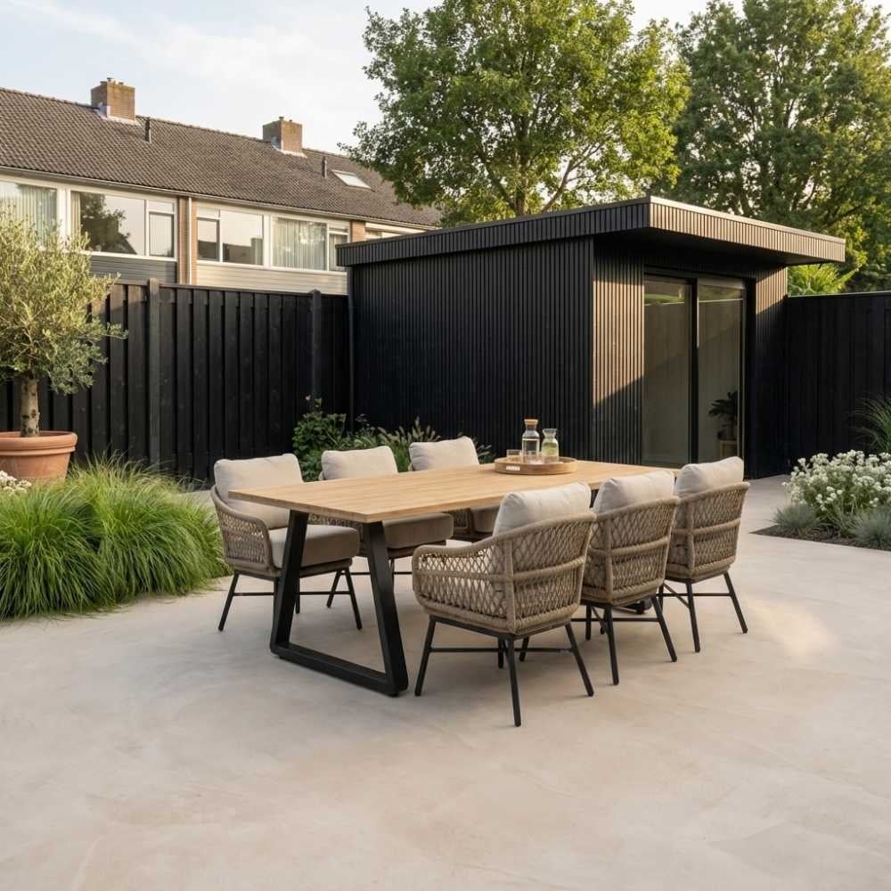 Elena/Ventura Sahara Dust low dining tuinset | 6 personen | teakhout + touw | 240cm