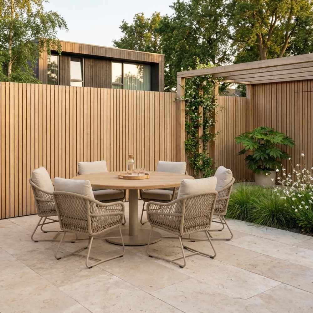 Salora beige/Gianna Sandstone low dining tuinset | 6 personen | teakhout + touw | 150cm