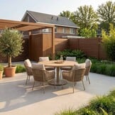 Salora beige/Mara Sandstone low dining tuinset | 6 personen | teakhout + touw | 150cm