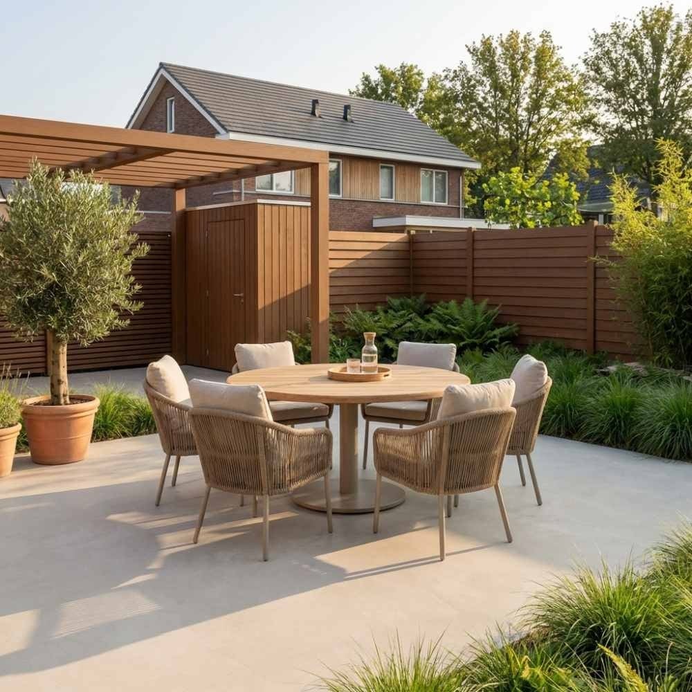 Salora beige/Mara Sandstone low dining tuinset | 6 personen | teakhout + touw | 150cm