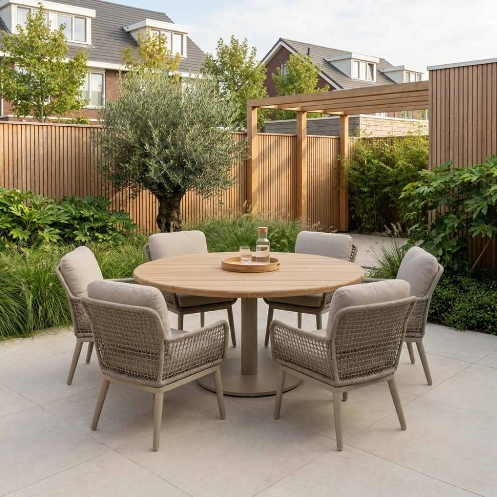 Salora beige/Mila beige low dining tuinset | 6 personen | teakhout + touw | 150cm