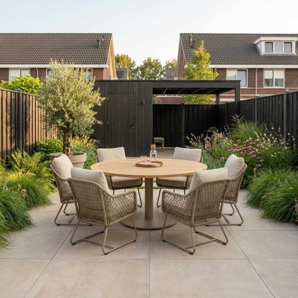 Ventura beige/Gianna Sandstone low dining tuinset | 6 personen | teakhout + touw | 160cm rond