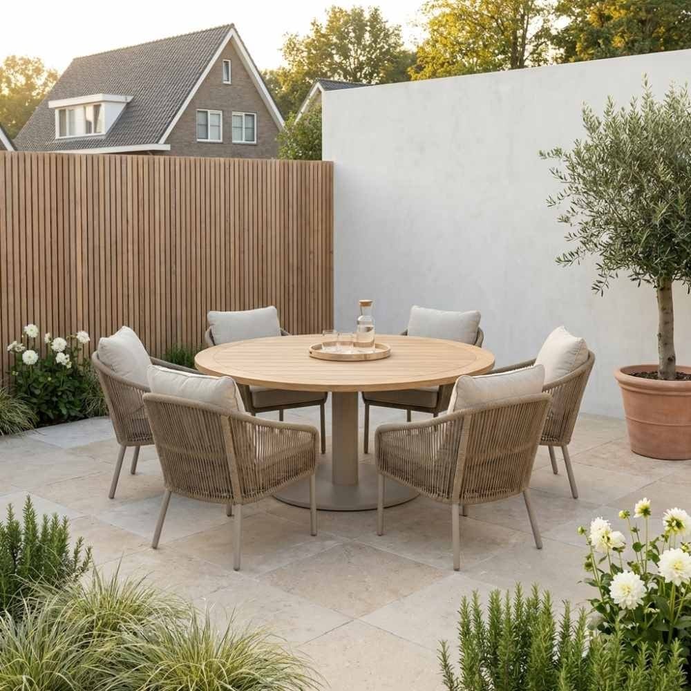 Ventura beige/Mara Sandstone low dining tuinset | 6 personen | teakhout + touw | 160cm rond