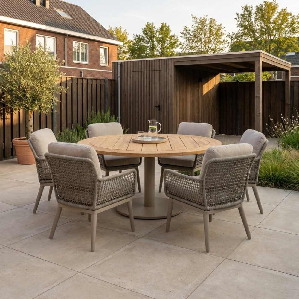 Ventura beige/Mila beige low dining tuinset | 6 personen | teakhout + touw | 160cm rond