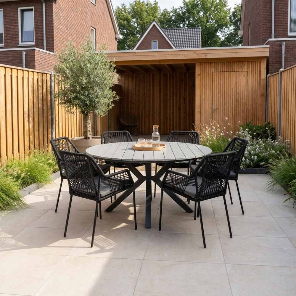 Cervo Grey/Seville zwart dining tuinset | 5 personen | polywood + touw | 144cm rond