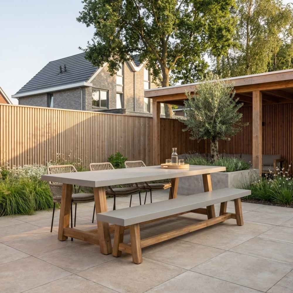 Veltis/Seville zand stoel-bank dining tuinset | 6 personen | betonlook | 250cm