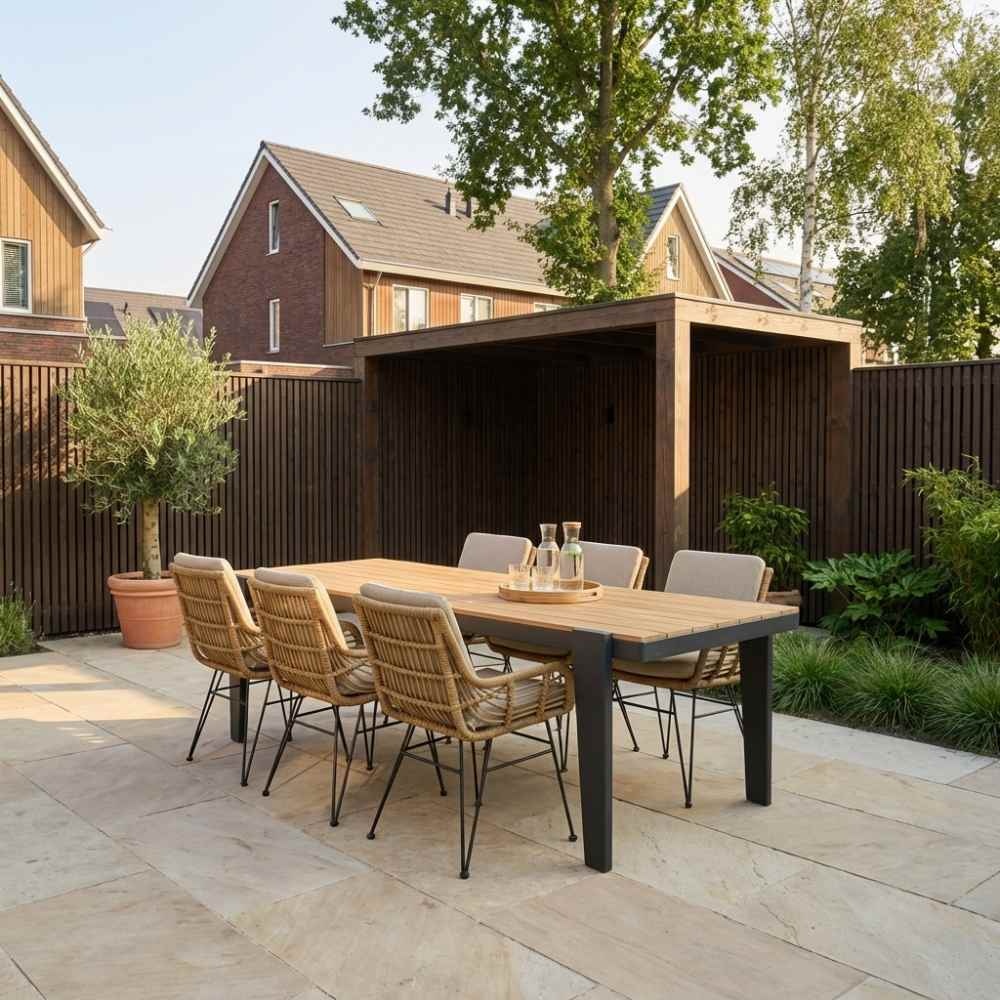 Vigo/Carlos taupe dining tuinset | 6 personen | teakhout + wicker | 260cm