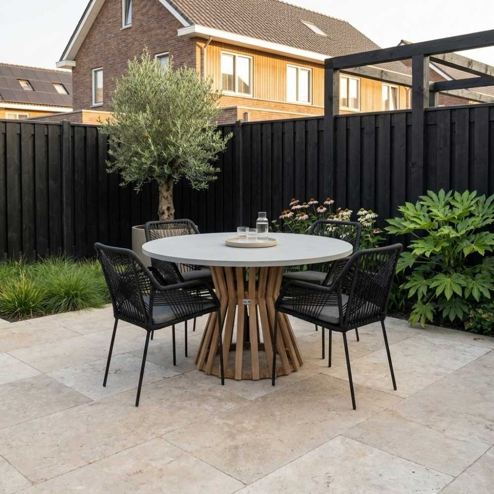 Elzas/Seville zwart dining tuinset | 4 personen | betonlook + touw | 135cm rond