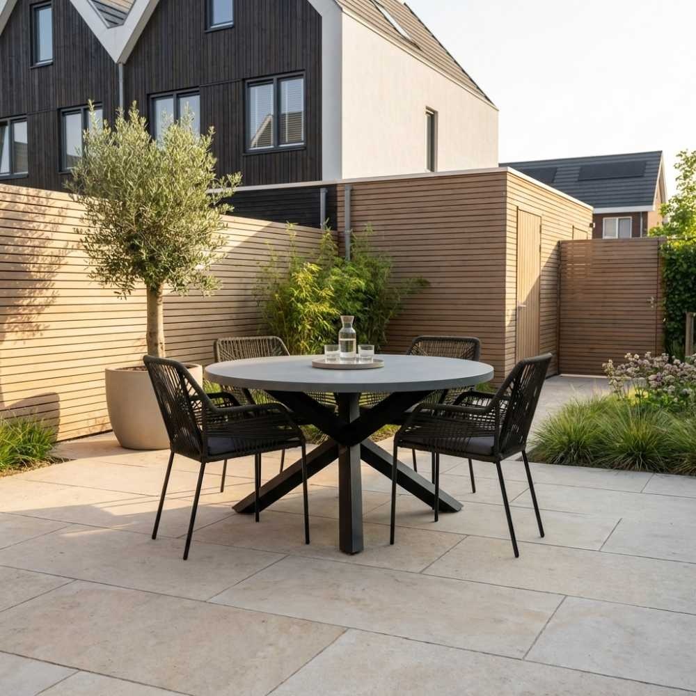 Meran/Seville olijfgroen dining tuinset | 4 personen | betonlook + touw | 135cm rond
