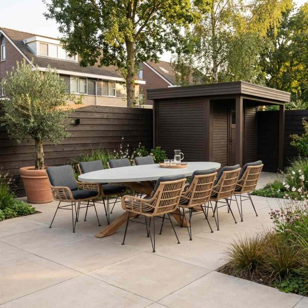 Livorno/Carlos Bamboo antraciet dining tuinset | 8 personen | betonlook + wicker | 280cm
