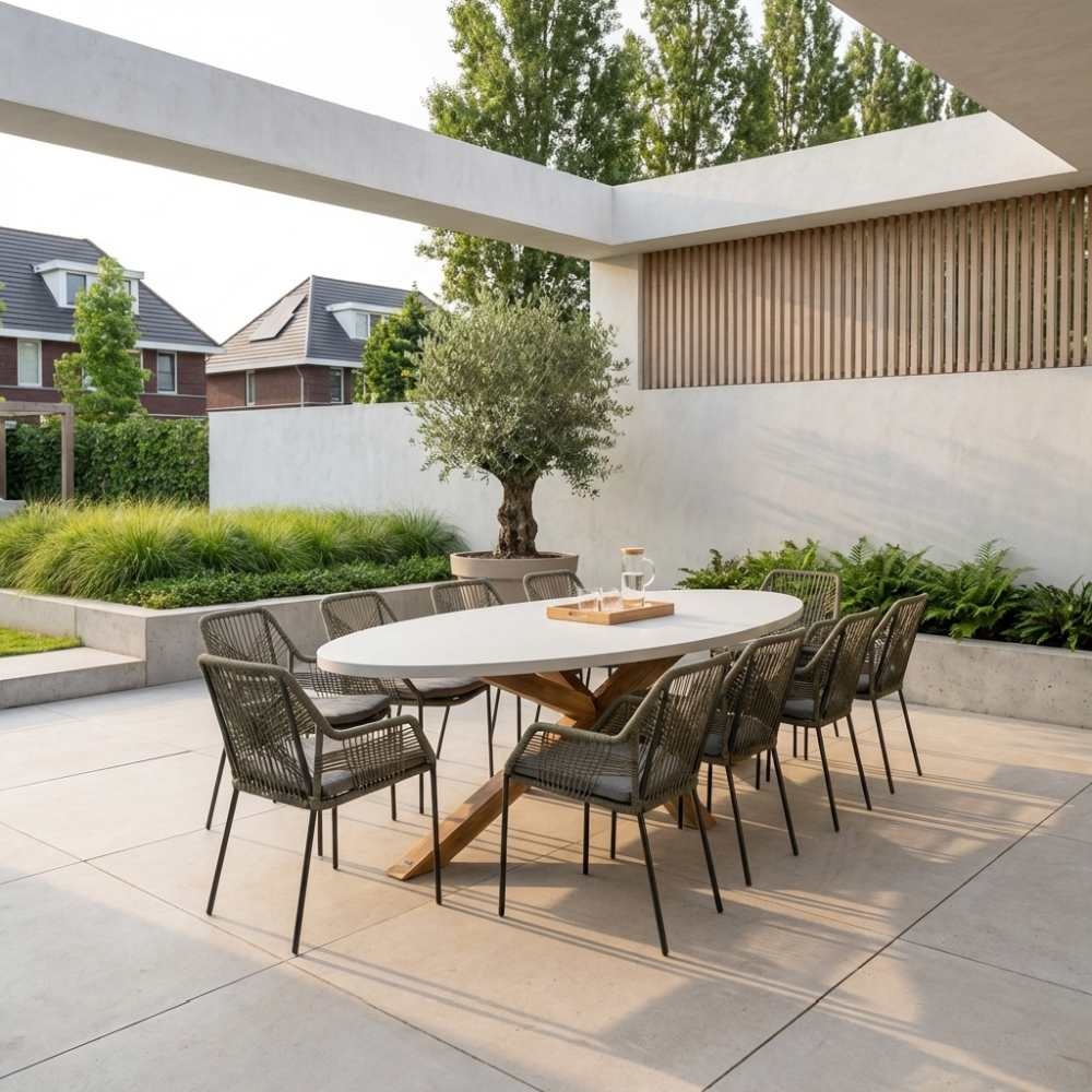 Livorno/Seville olijfgroen dining tuinset | 8 personen | betonlook + touw | 280cm ovaal