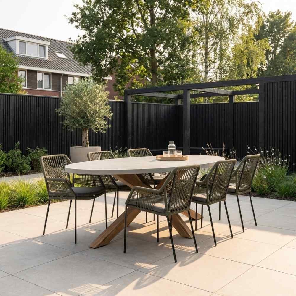 Livorno/Seville olijfgroen dining tuinset | 6 personen | betonlook + touw | 240cm ovaal