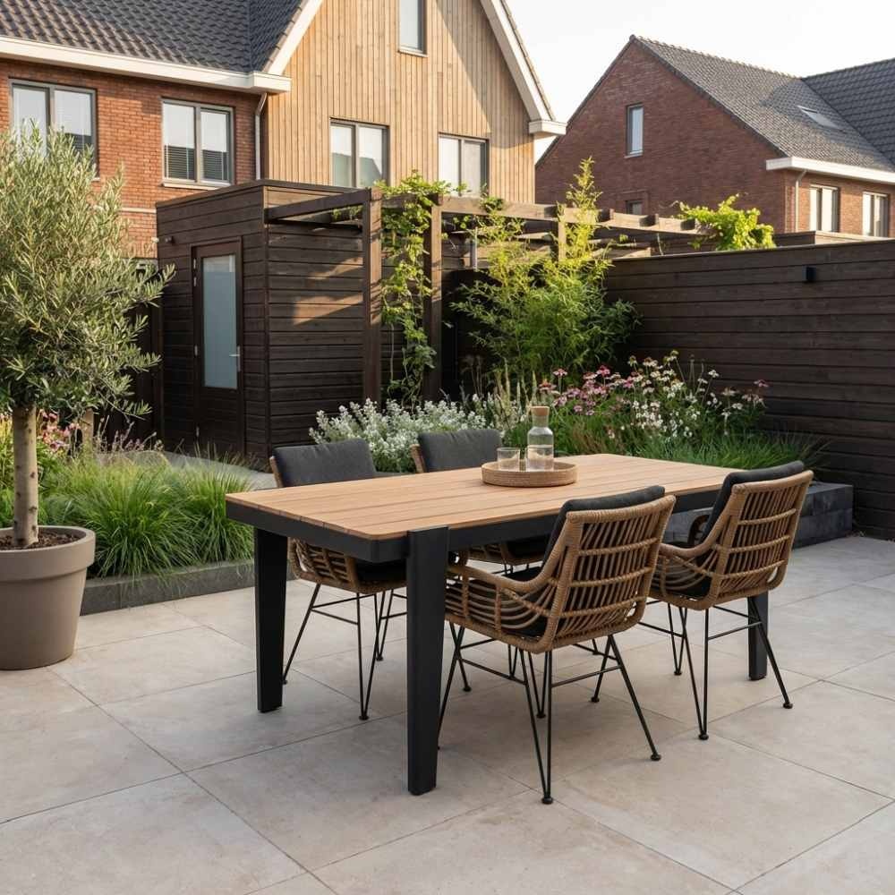 Vigo/Carlos antraciet dining tuinset | 4 personen | teakhout + wicker | 200cm