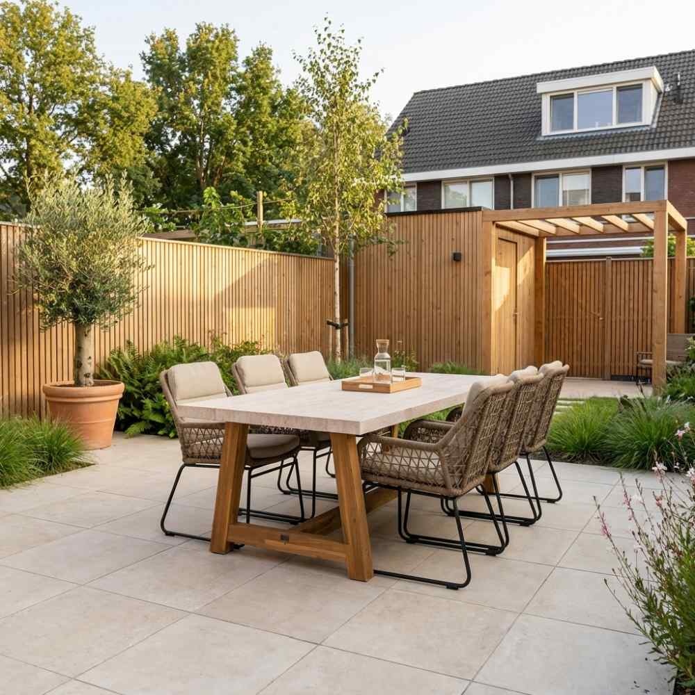 Velora/Valencia Sahara Dust dining tuinset | 6 personen | travertin + touw | 250cm