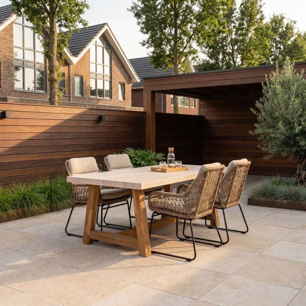 Velora/Valencia Sahara Dust dining tuinset | 4 personen | travertin + touw | 200cm