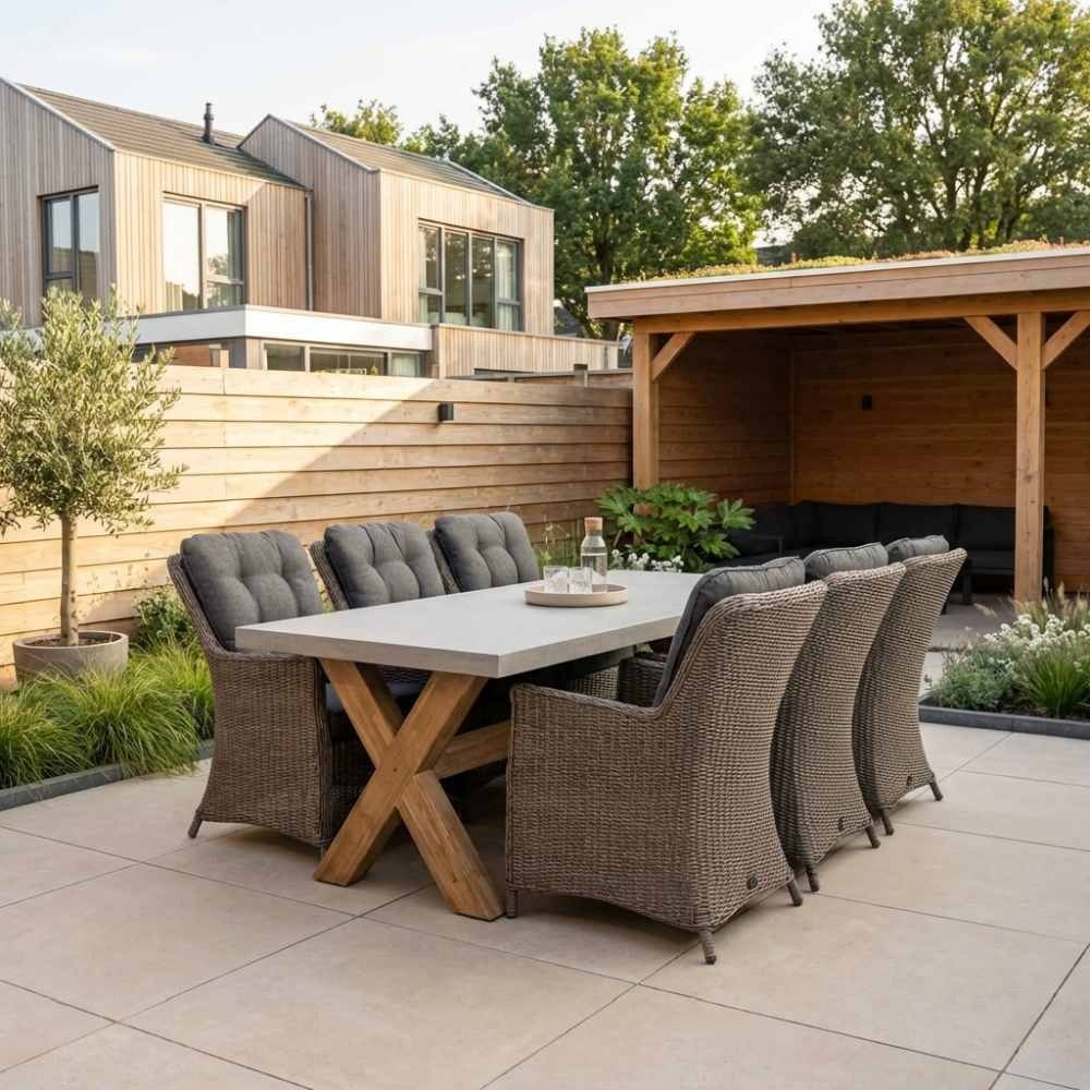Norwich/Madrid Ash Grey dining tuinset | 6 personen | betonlook + wicker | 250cm