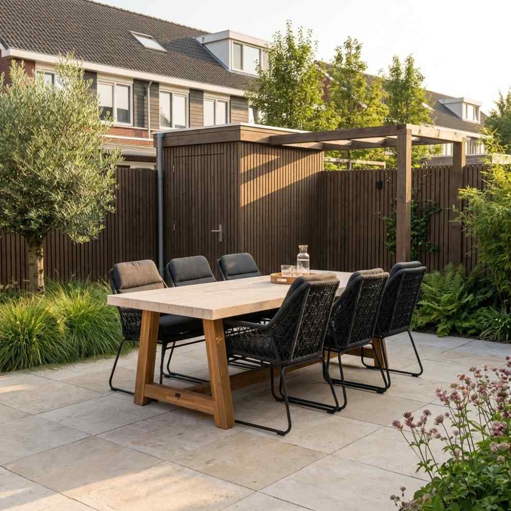 Velora/Valencia Lava Grey dining tuinset | 6 personen | travertin + touw | 250cm