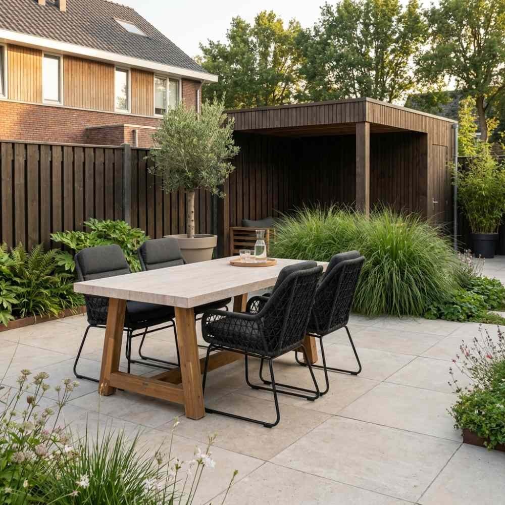Velora/Valencia Lava Grey dining tuinset | 4 personen | travertin + touw | 200cm