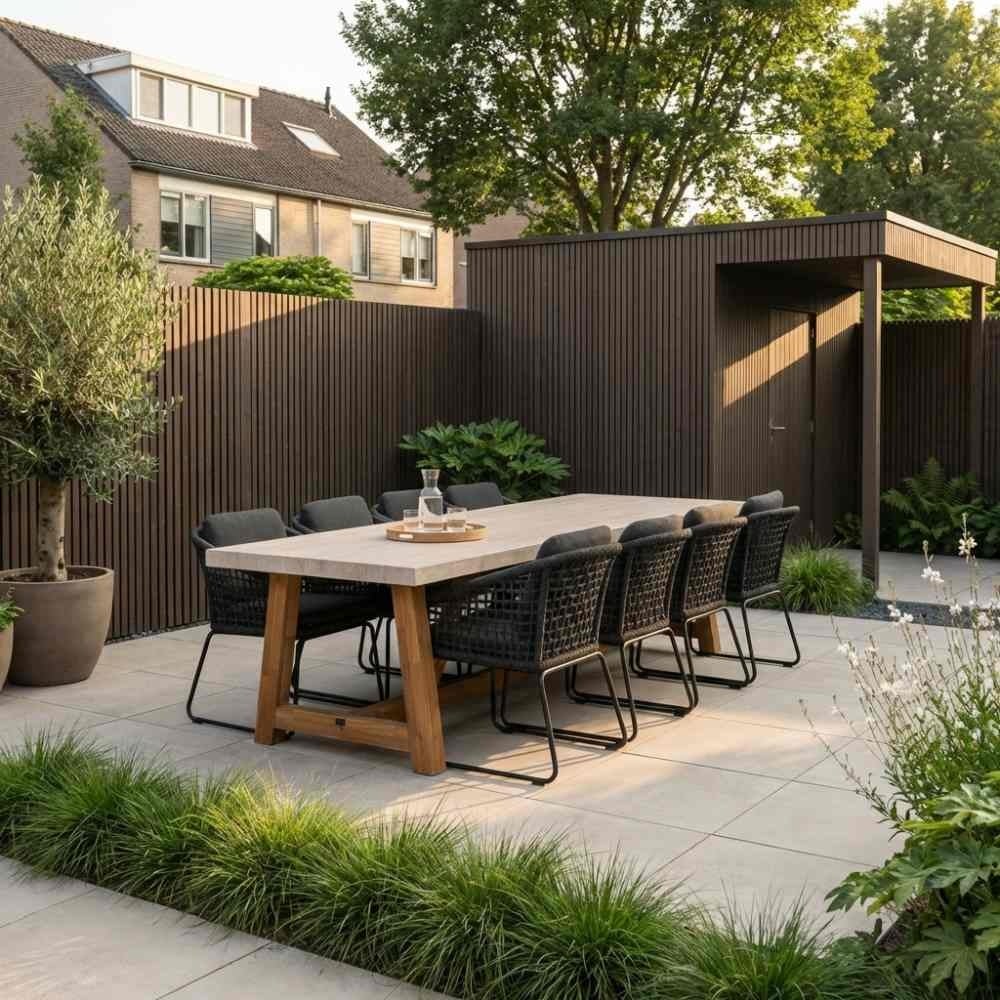 Velora/Tulum Lava Grey dining tuinset | 8 personen | travertin + touw | 300cm