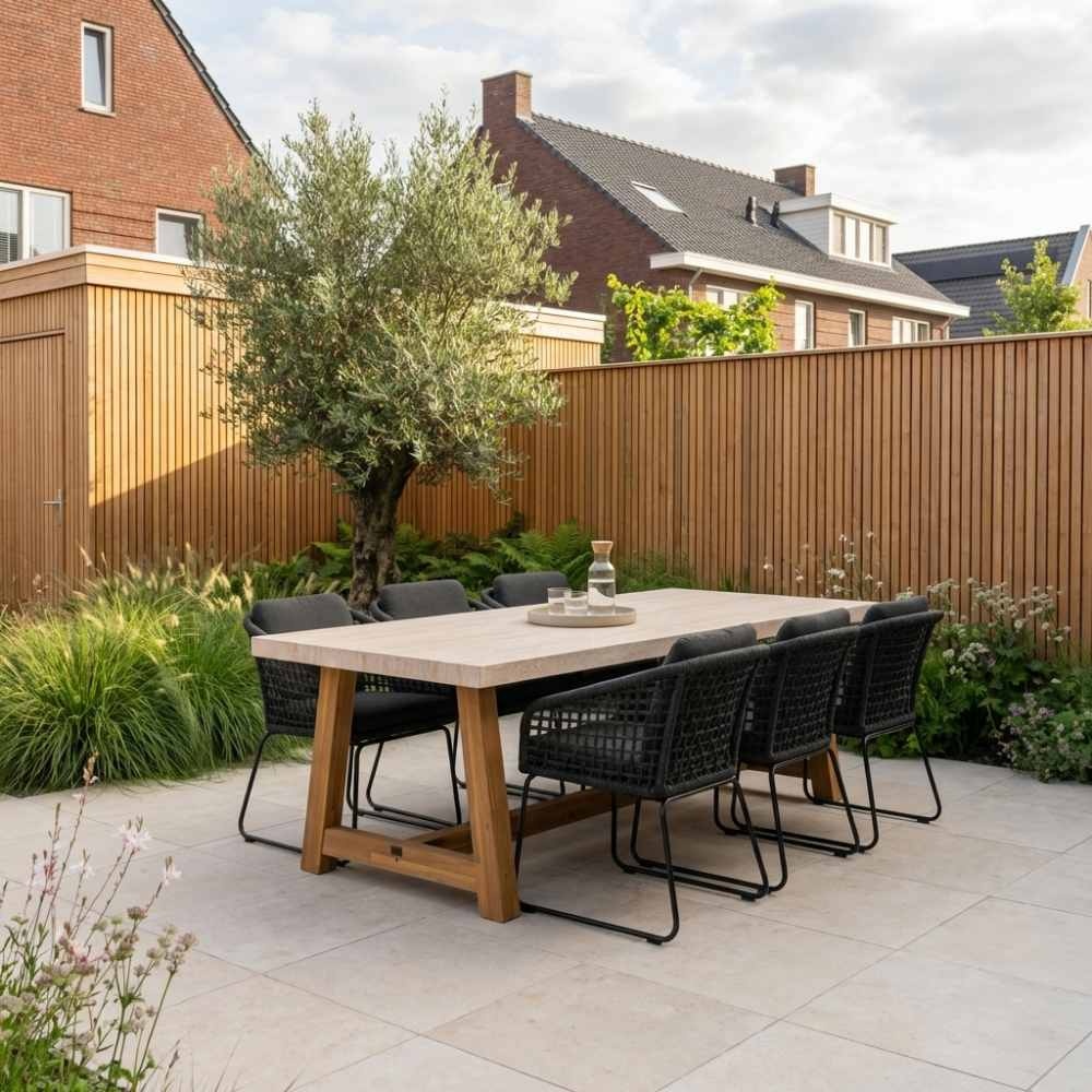 Velora/Tulum Lava Grey dining tuinset | 6 personen | travertin + touw | 250cm