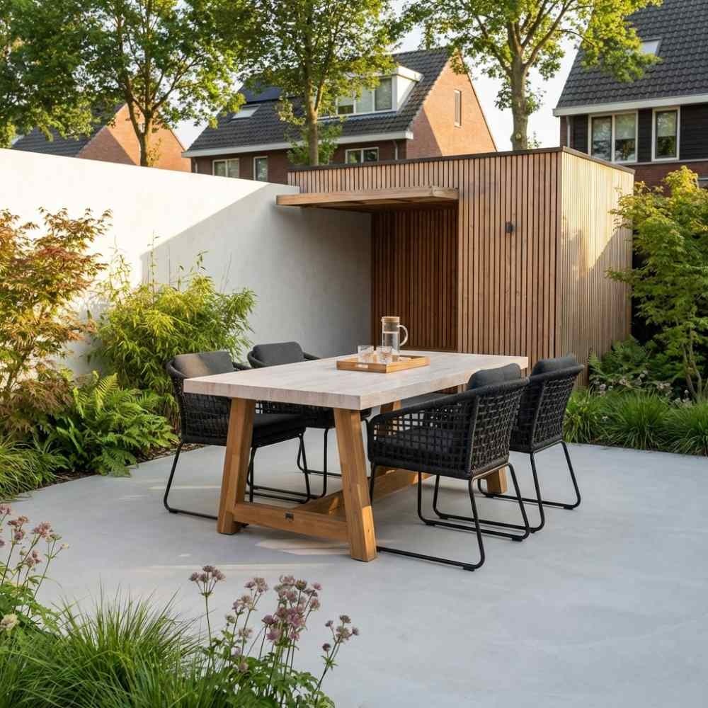 Velora/Tulum Lava Grey dining tuinset | 4 personen | travertin + touw | 200cm