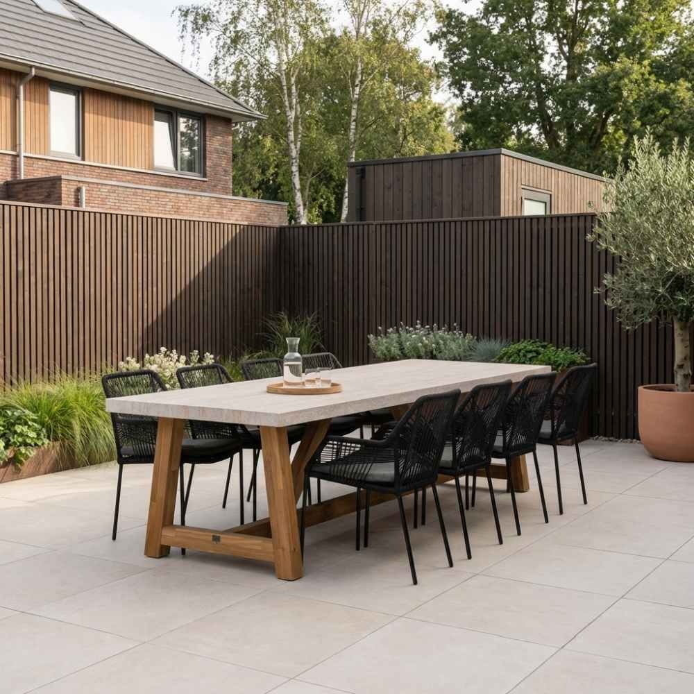 Velora/Seville zwart dining tuinset | 8 personen | travertin + touw | 300cm
