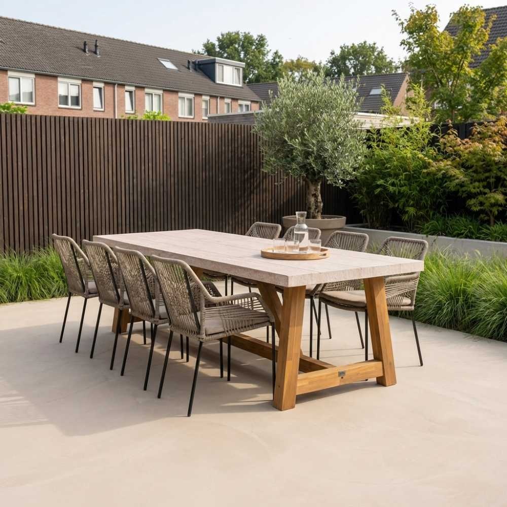 Velora/Seville zand dining tuinset | 8 personen | travertin + aluminium | 300cm