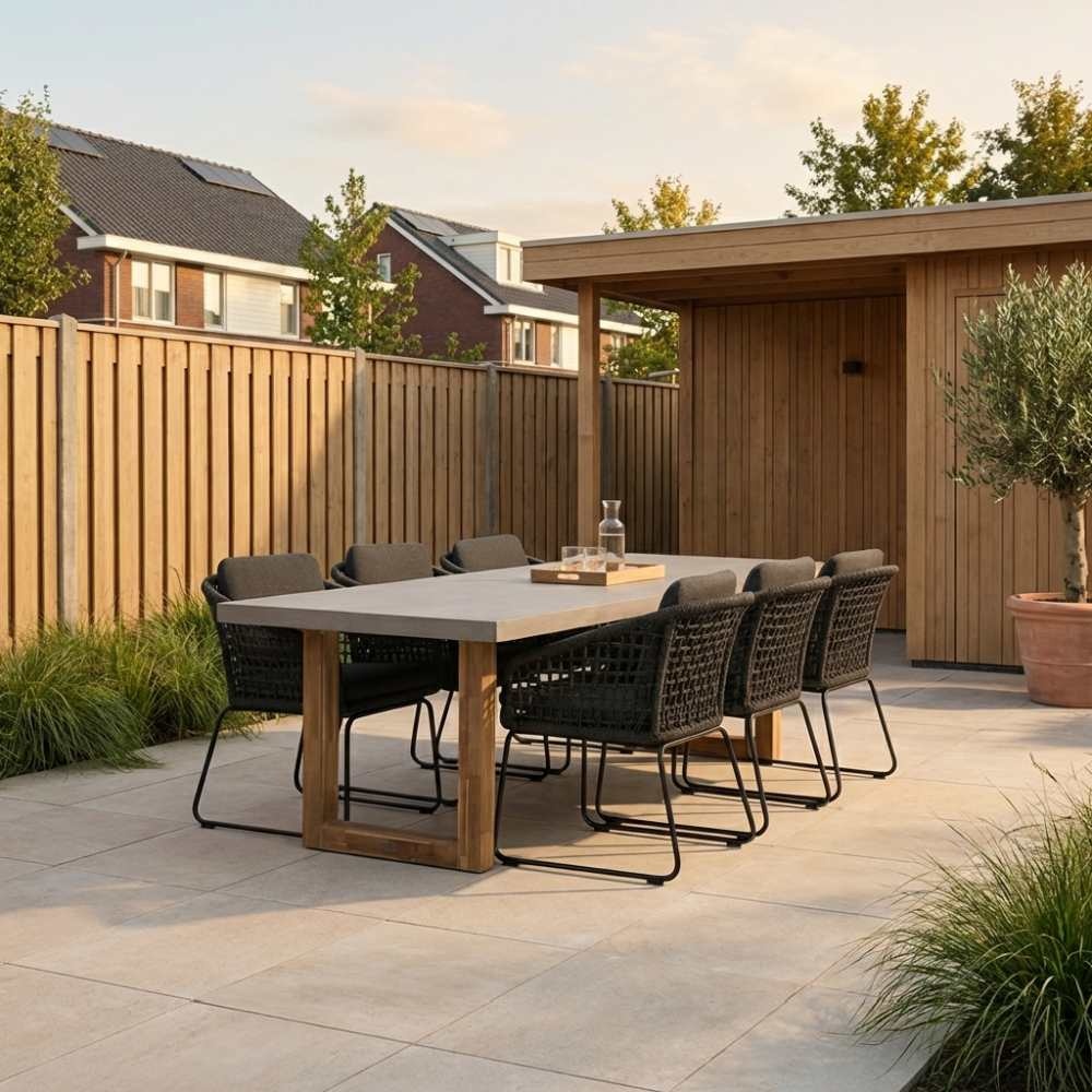 Lausanne/Tulum Lava Grey dining tuinset | 6 personen | betonlook + touw | 250cm