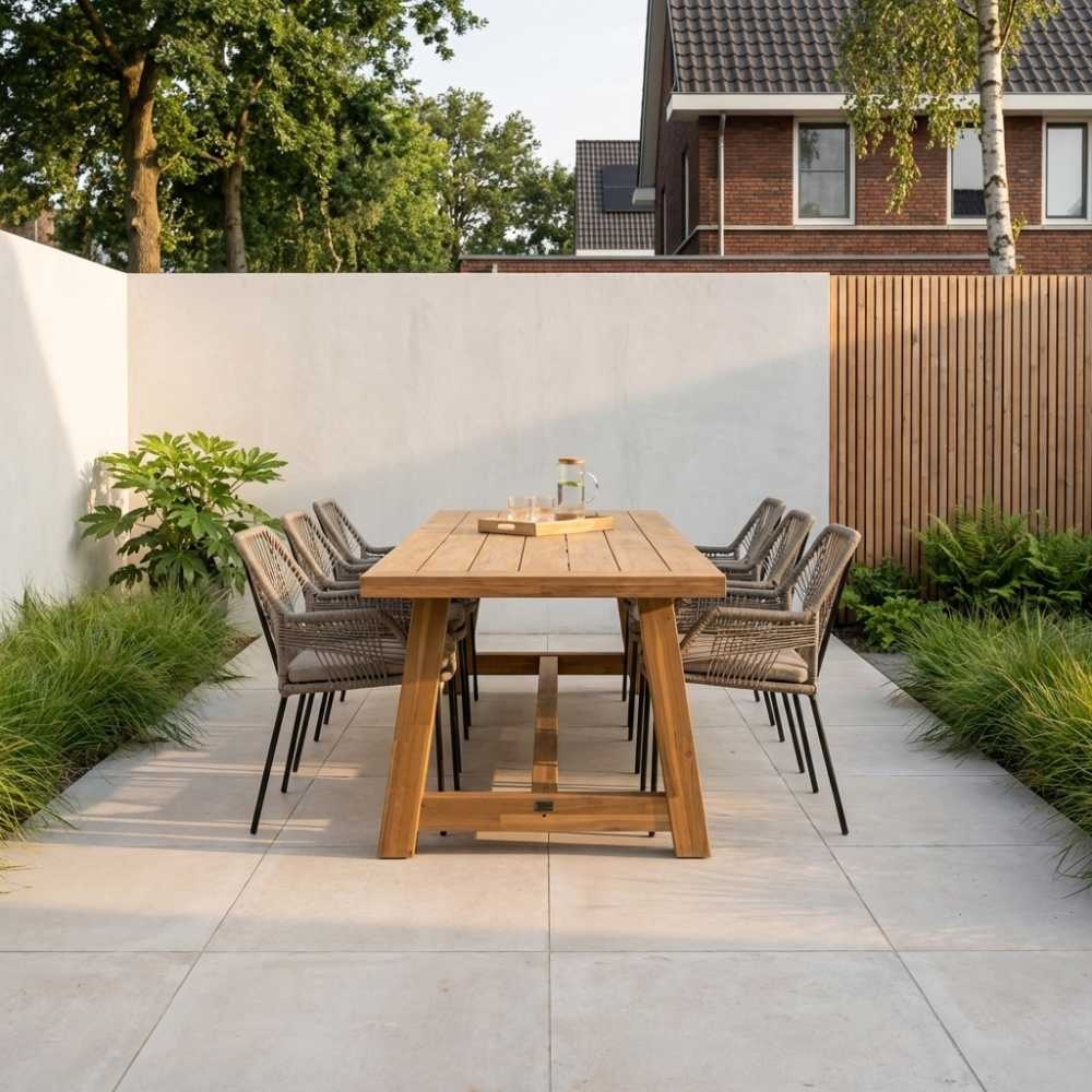 Velora/Seville zand dining tuinset | 6 personen | travertin + aluminium | 250cm