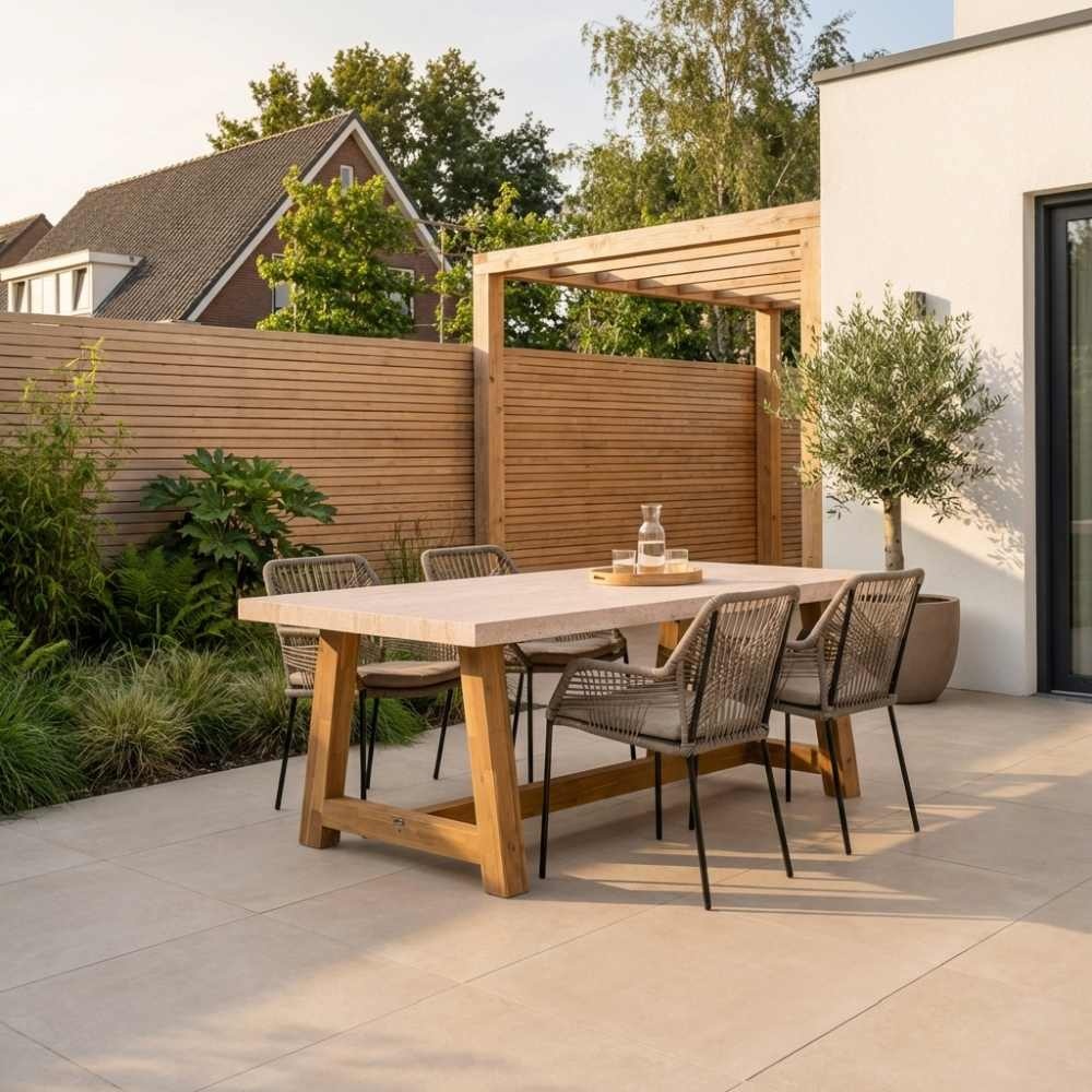 Velora/Seville zand dining tuinset | 4 personen | travertin + aluminium | 200cm