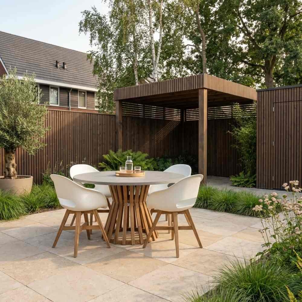 Elzas/Karlstad wit dining tuinset | 4 personen | betonlook + hardhout | 135cm rond