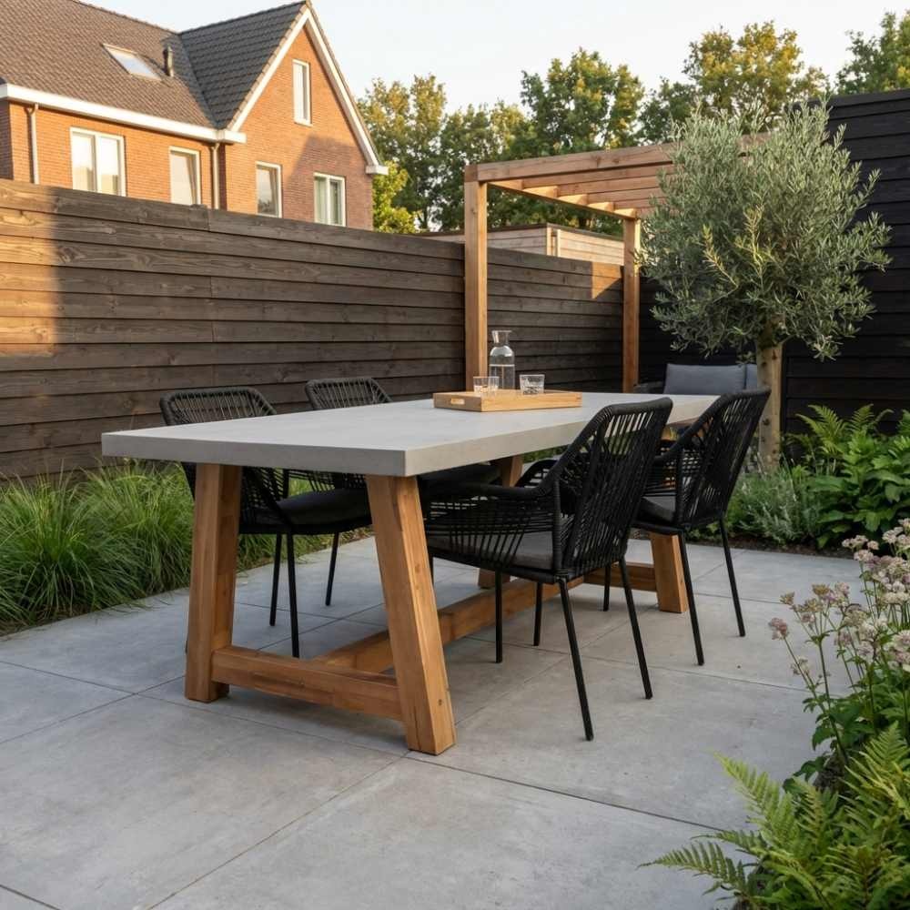Veltis/Seville zwart dining tuinset | 4 personen | betonlook + touw | 200cm