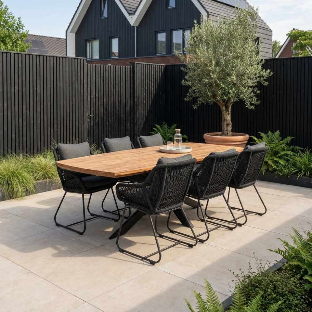 Salo/Portofino zwart dining tuinset | 6 personen | hardhout + touw | 240cm