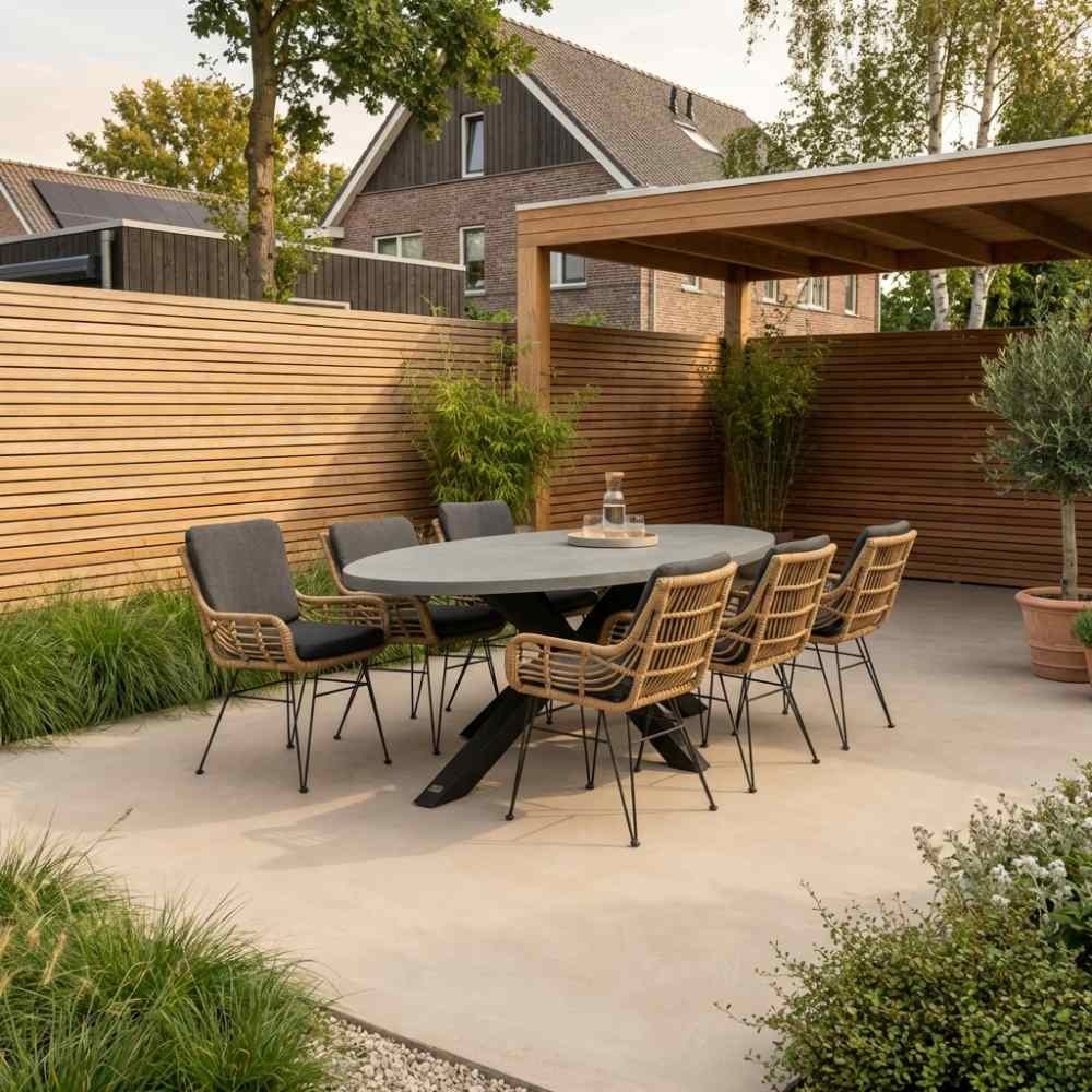 Stockholm/Carlos antraciet dining tuinset | 6 personen | betonlook + wicker | 240cm ovaal