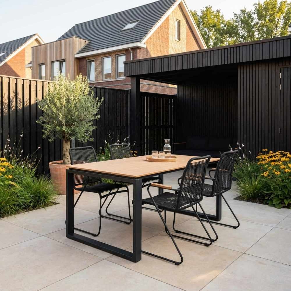 Helsinki Natural/Gladys zwart dining tuinset | 4 personen | polywood + touw | 160cm