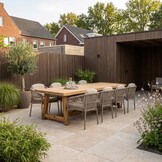 Velora/Rico zand dining tuinset | 8 personen | travertin + aluminium | 300cm