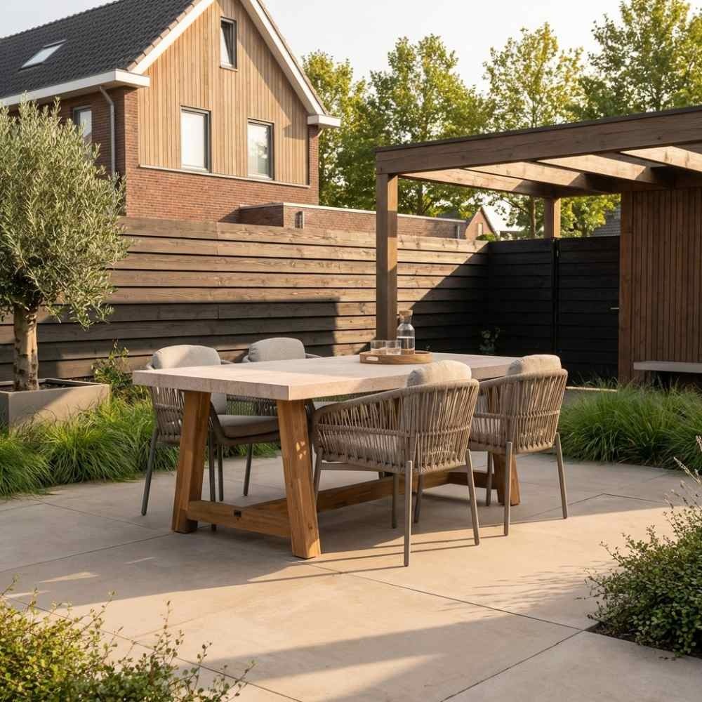 Velora/Rico zand dining tuinset | 4 personen | travertin + aluminium | 200cm