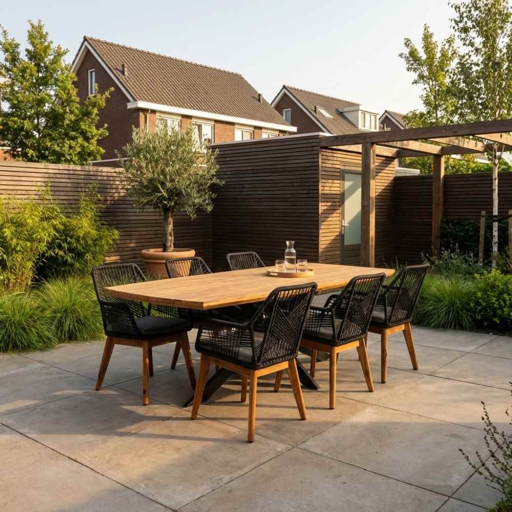 Salo/Seville zwart hout dining tuinset | 6 personen | hardhout + touw | 240cm