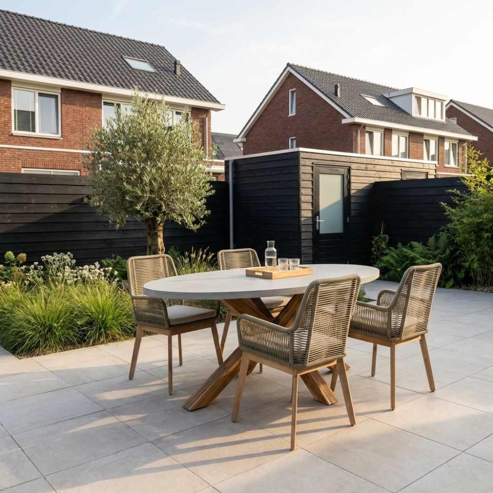 Livorno/Padua olijfgroen dining tuinset | 4 personen | betonlook + touw | 200cm ovaal
