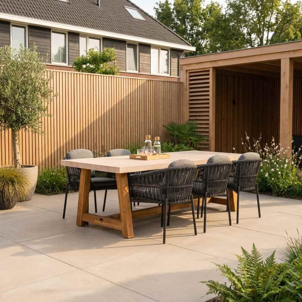 Velora/Rico charcoal dining tuinset | 6 personen | travertin + aluminium | 250cm