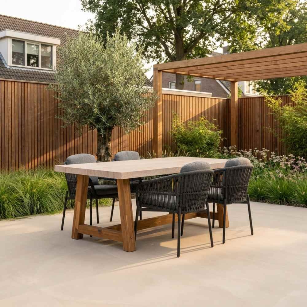 Velora/Rico charcoal dining tuinset | 4 personen | travertin + aluminium | 200cm