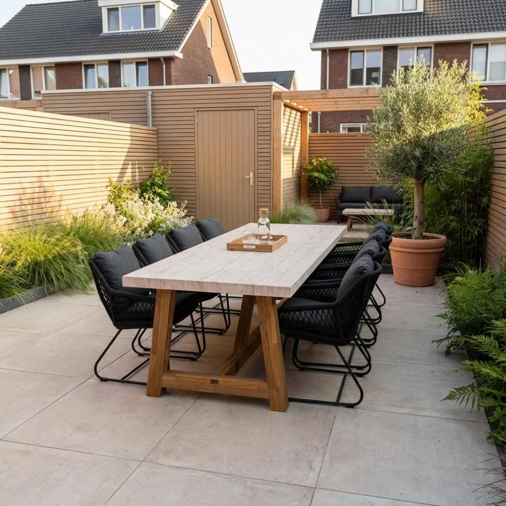 Velora/Portofino zwart dining tuinset | 8 personen | travertin + touw | 300cm