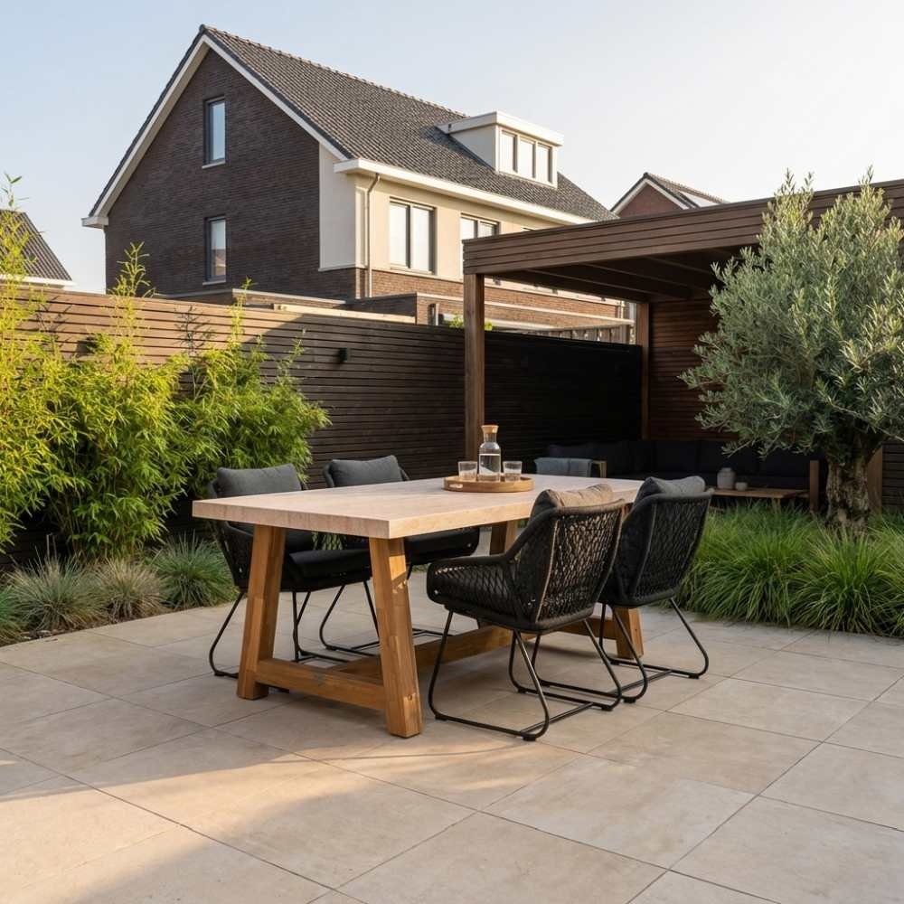 Velora/Portofino zwart dining tuinset | 4 personen | travertin + touw | 200cm