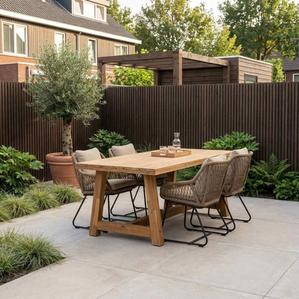 Velora/Portofino Sahara Dust dining tuinset | 4 personen | travertin + touw | 200cm