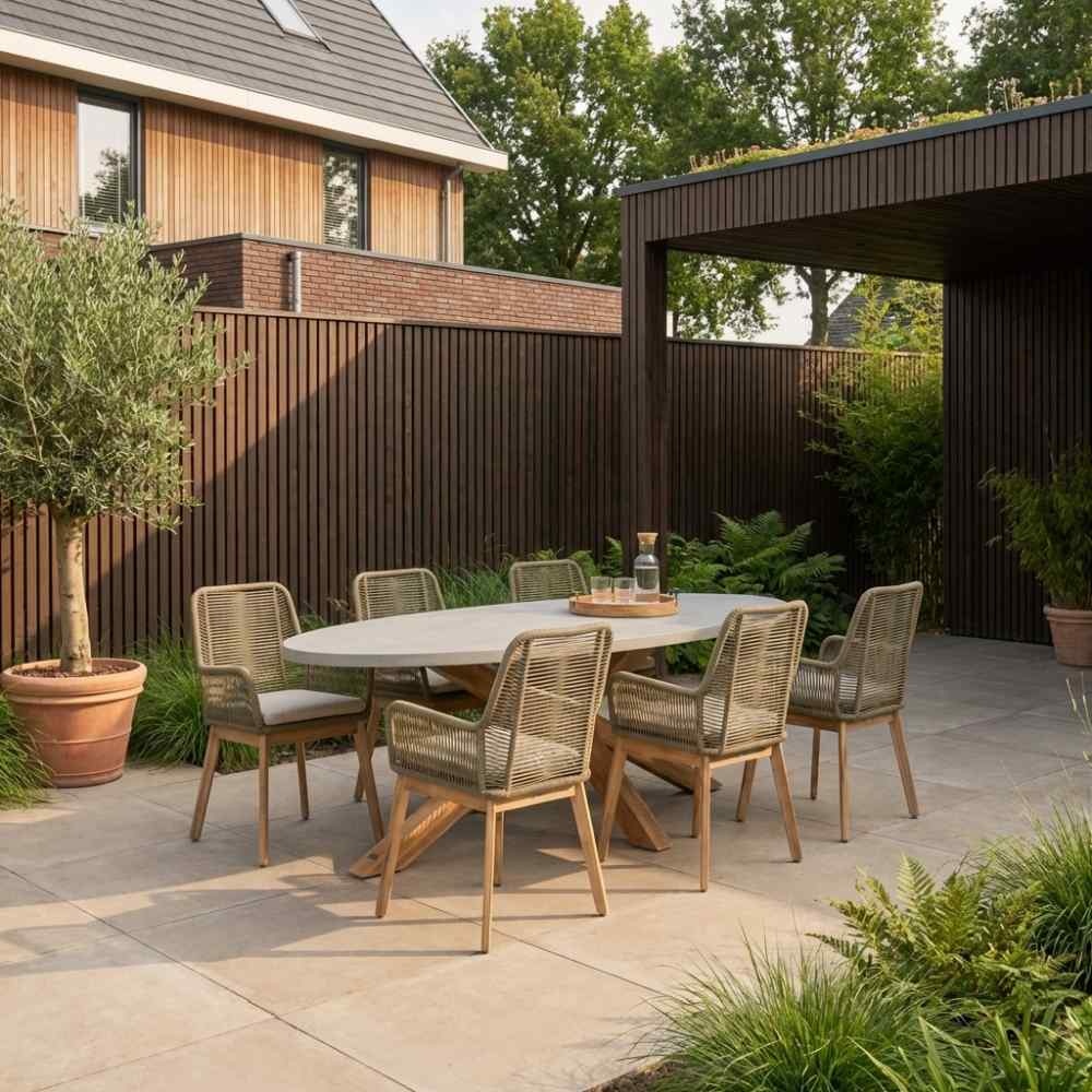 Livorno/Padua olijfgroen dining tuinset | 6 personen | betonlook + touw | 240cm ovaal