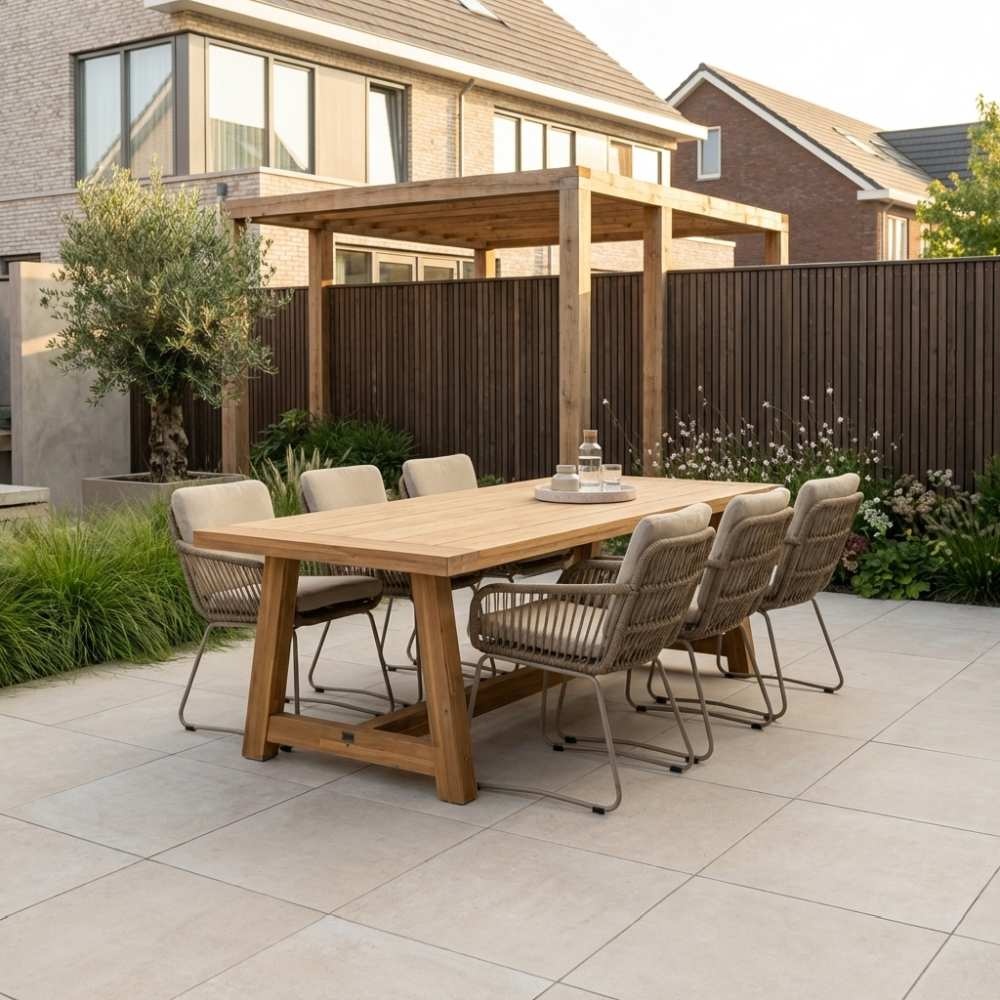 Velora/Harper Sandstone dining tuinset | 6 personen | travertin + touw | 250cm