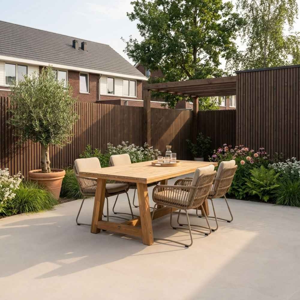 Velora/Harper Sandstone dining tuinset | 4 personen | travertin + touw | 200cm