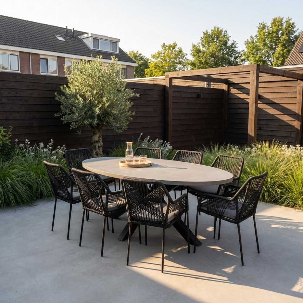 Stockholm/Seville zwart dining tuinset | 6 personen | betonlook + touw | 200cm